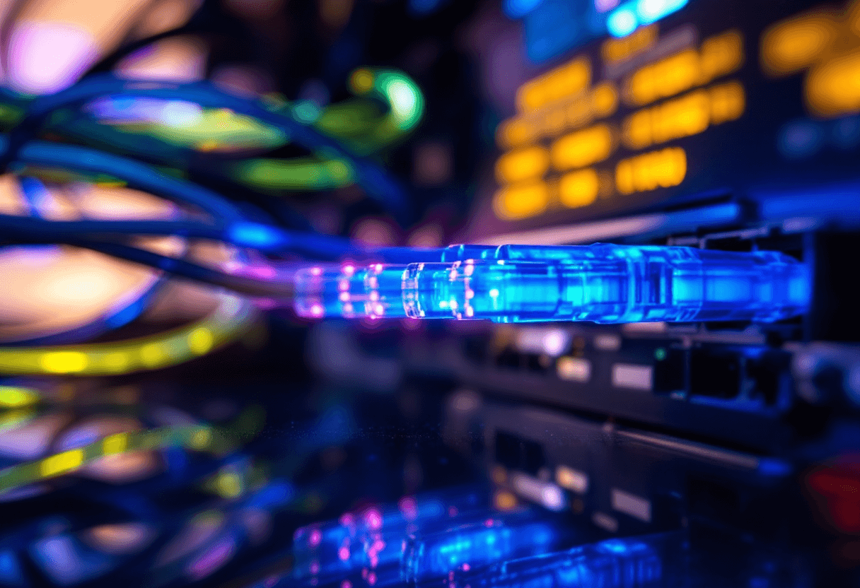 Gros plan sur des équipements dans un data center fibre.